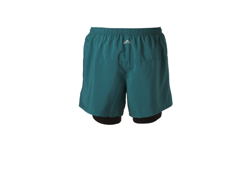 Teal running shorts with an elastic waistband and a small reflective logo.
