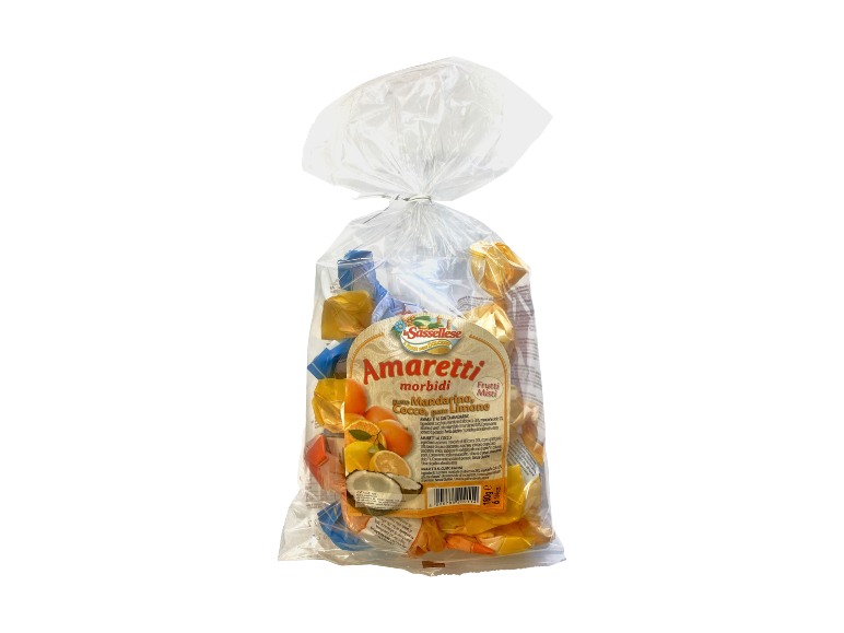 Transparent bag of soft amaretti with mandarin, coconut, and lemon flavors.