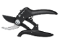 Black pruning shears with metal blades and a visible spring.