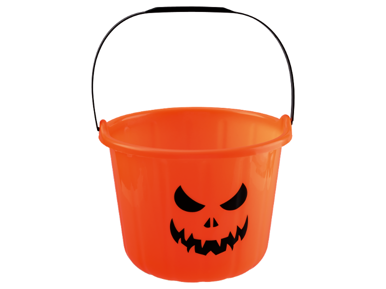 Orange Halloween bucket with a jack-o'-lantern face.