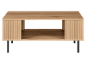 Light wood coffee table with open shelf and black legs.