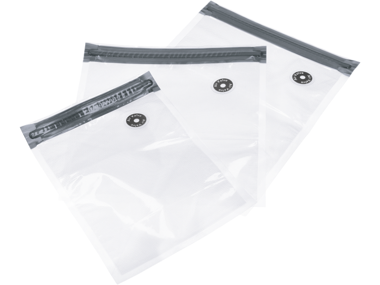 Three clear vacuum bags with an air valve and zipper.