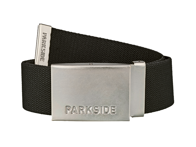 Black fabric belt with a silver buckle and embossed text.