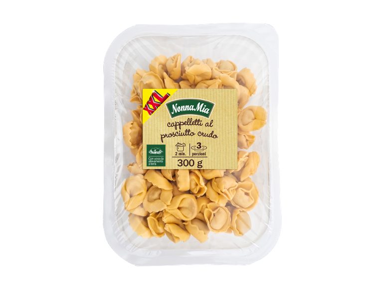 Pack of cappelletti with prosciutto, 300g, 2 min cooking time, 3 portions.