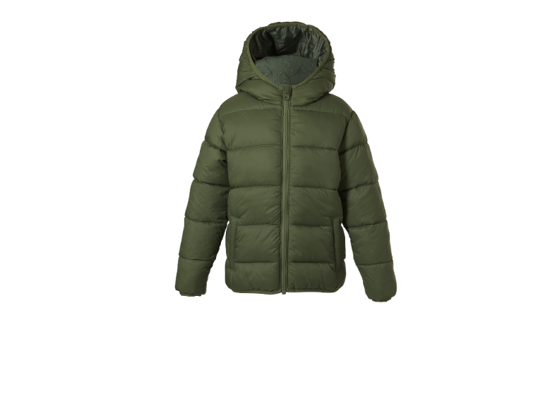 Green padded jacket with a hood and front zipper