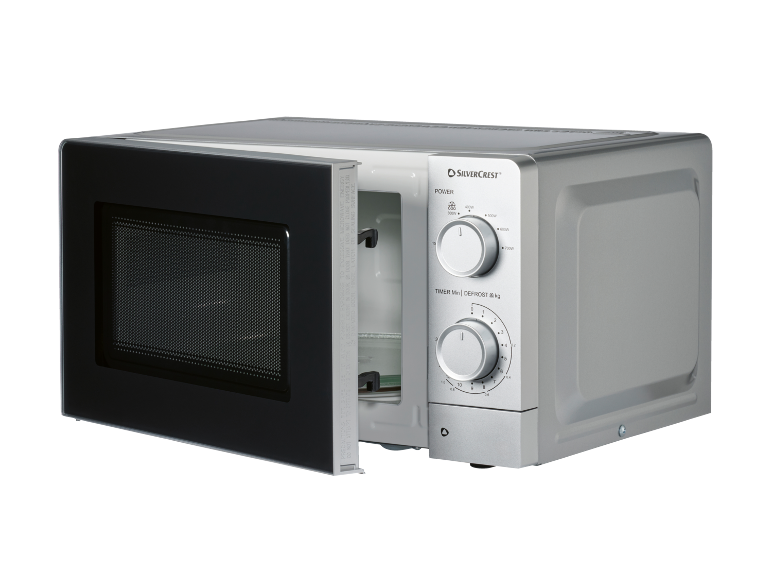 Silver microwave oven with door open, showing power and timer dials.