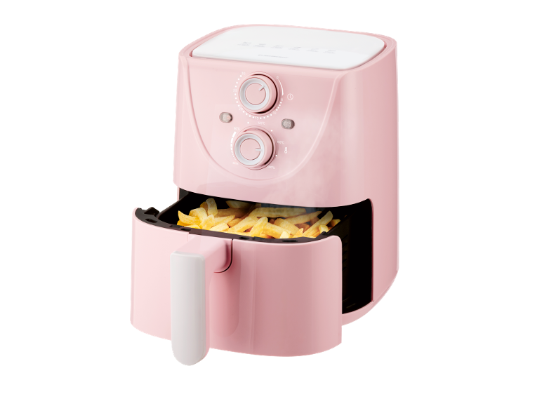 Pink air fryer with french fries, temperature controls, and a timer.