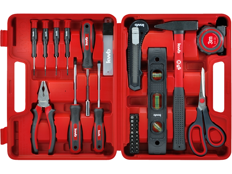 Red toolbox with various hand tools including screwdrivers, pliers, hammer, and tape measure.