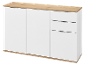 White sideboard with three doors and three drawers, featuring a wooden top and base.