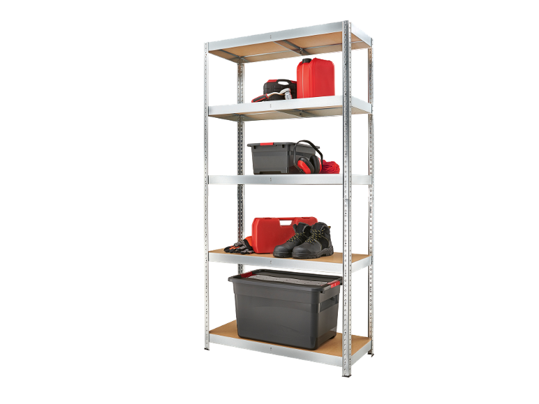 Metal shelving unit with a red jerrycan, toolboxes, safety boots, and gloves.