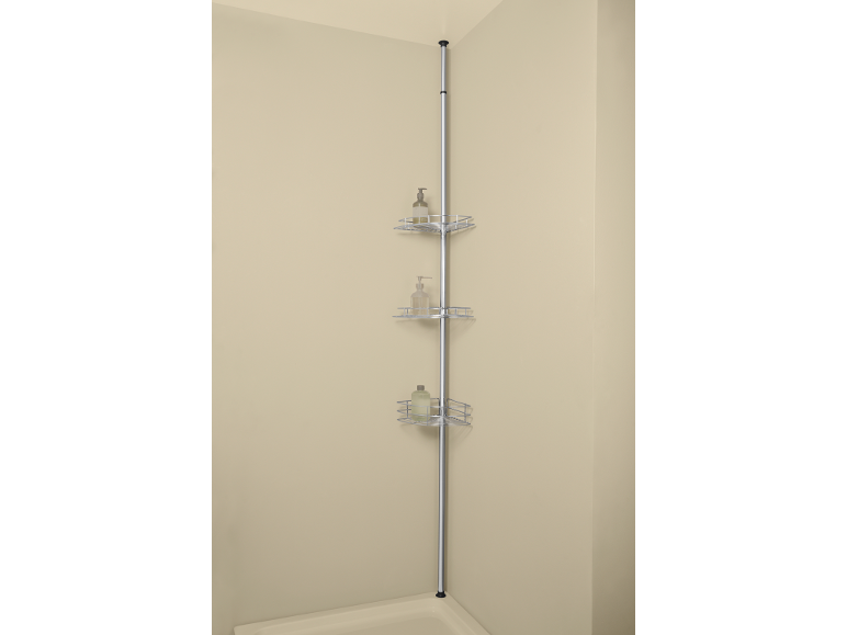 Bathroom corner caddy with three tiers and shower products