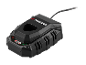 Black battery charger with red and green indicators.