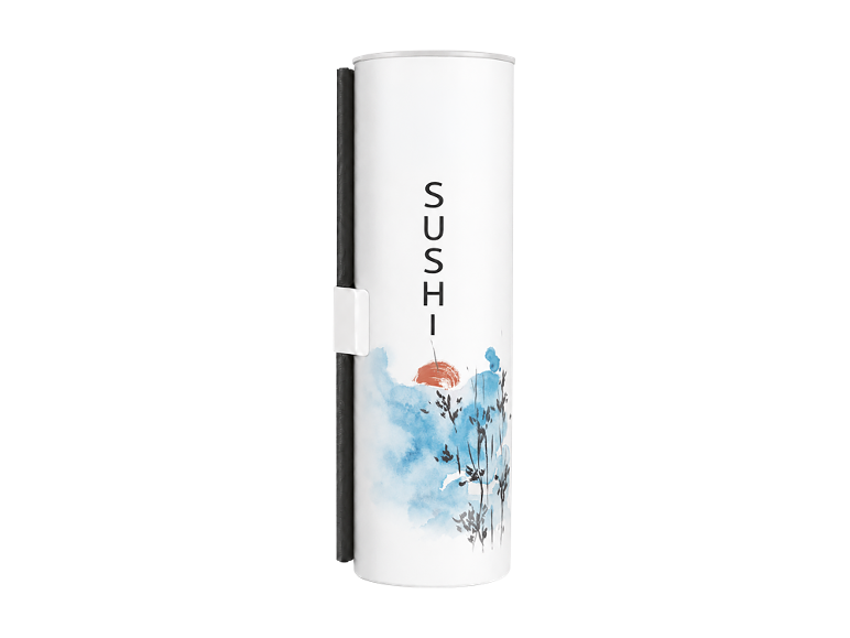 White sushi container with chopsticks, featuring a watercolor landscape design and 'SUSHI' text.