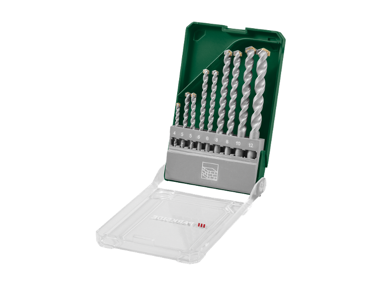 Set of masonry drill bits in a green case, with sizes ranging from 4 to 12 mm.