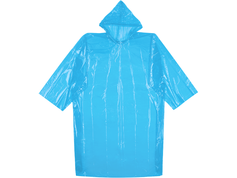 Blue disposable rain poncho with a hood.
