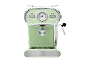 Light green retro-style espresso machine with chrome details and a temperature gauge.