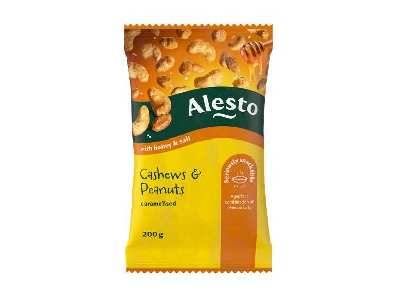 Pouch of caramelised cashews and peanuts with honey and salt, 200 g.