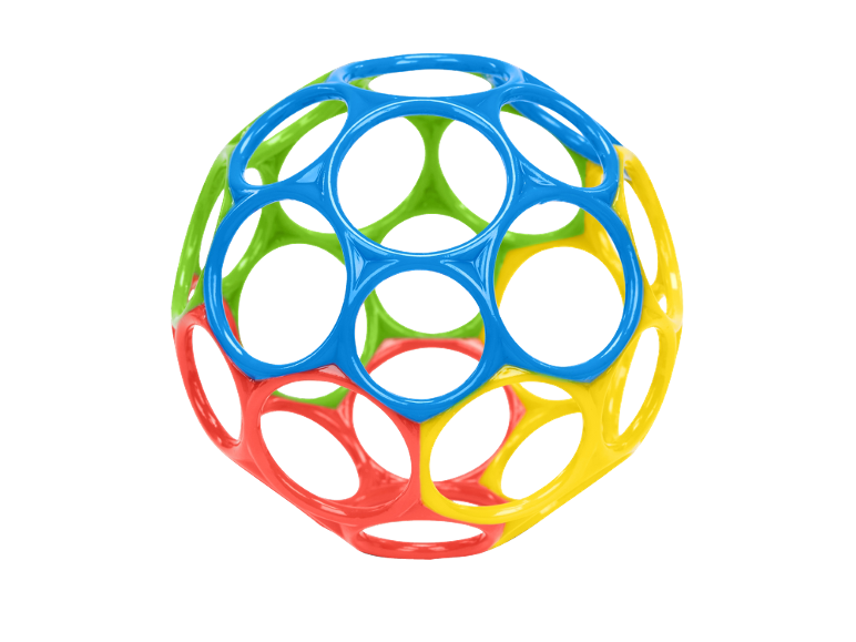 Colorful, perforated baby play ball in blue, green, red, and yellow.