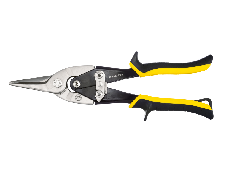 Tin snips with yellow and black handles.