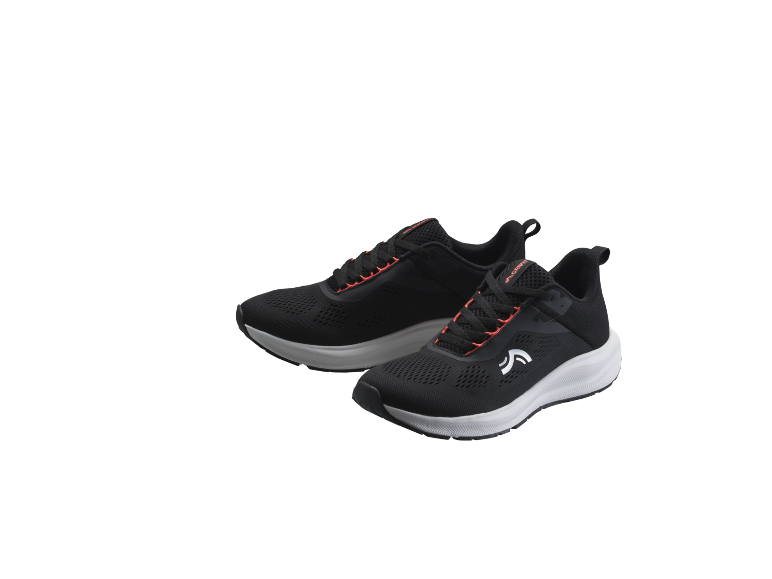 A pair of black sports shoes with orange details and white soles.