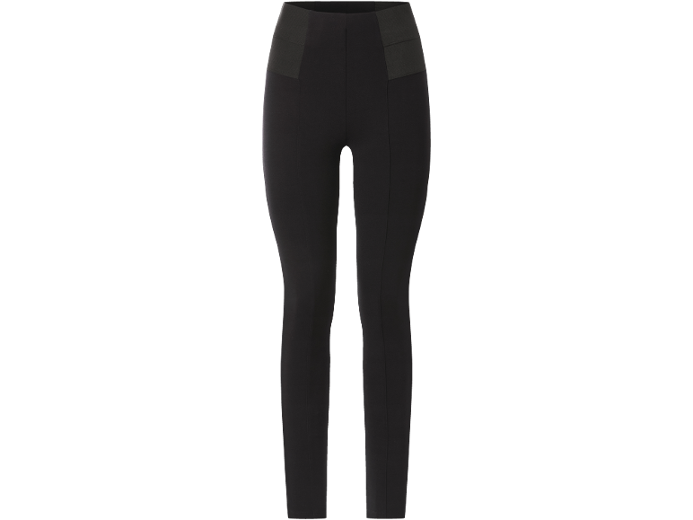 Black women's leggings with a wide elastic waistband and seam details.