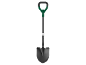 Green and black garden spade with D-handle and serrated edge