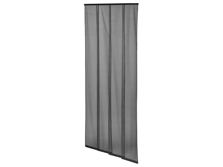 Black mesh insect screen curtain with magnetic closure.