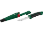 Work knife with green and black handle, with green and red sheath.