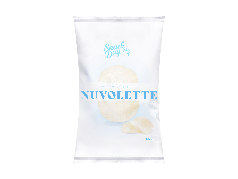 White bag of chips with the text 'Snack Day Bianche Nuvolete' and 160 g.