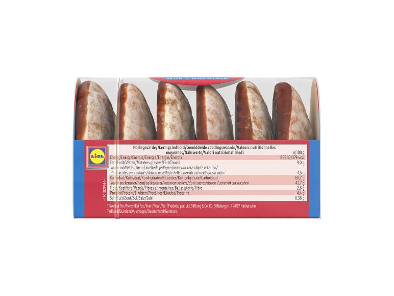 Packaging of gingerbread in milk chocolate, with a visible nutritional value table.