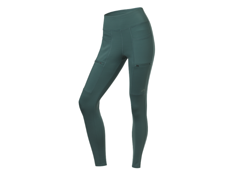Dark teal women's leggings with multiple pockets and zippers