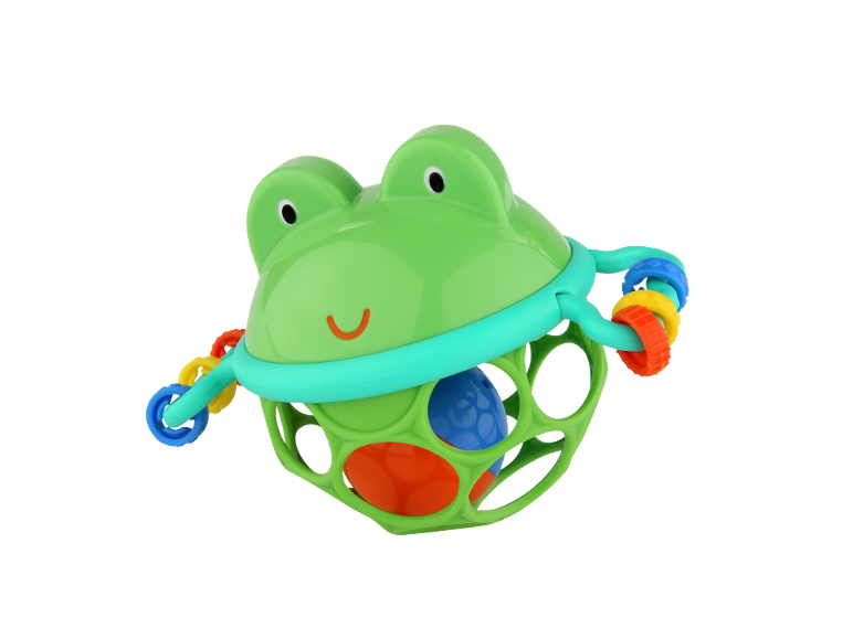 Green frog rattle with colorful rings and balls inside.