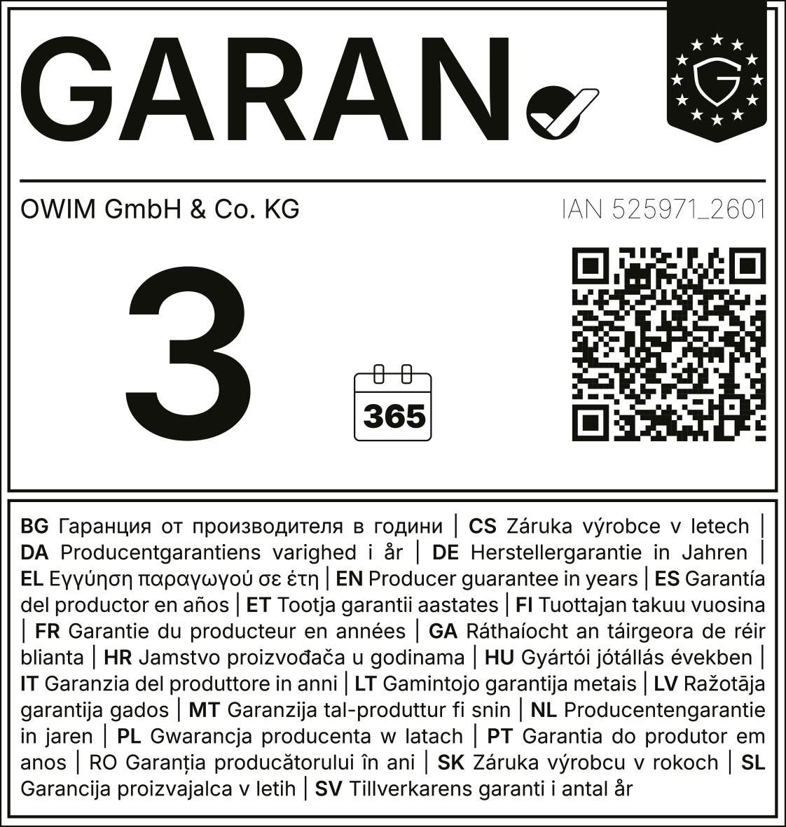 Producer guarantee: 3 years, 365 days. IAN 525971_2601.
