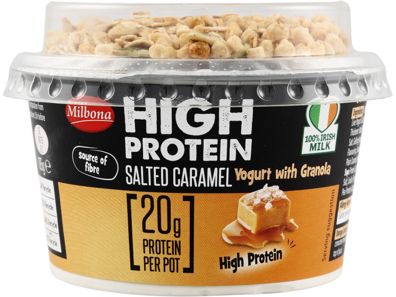 High protein salted caramel yogurt with granola, featuring 20g of protein per pot.