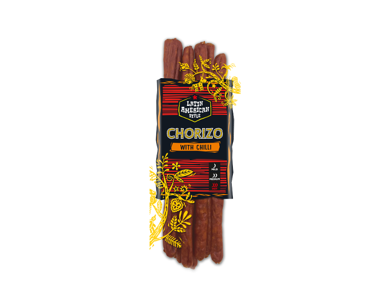 Latin American style chorizo with chilli, featuring mild, medium, and hot spice levels.