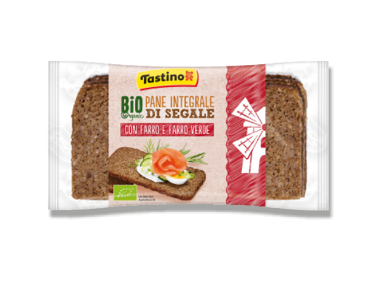 Packaging of rye bread with the text 'Bio Pane Integrale di Segale' and a sandwich.