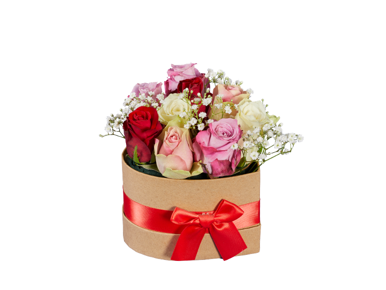 Round cardboard gift box with a red ribbon, filled with assorted colored roses and baby's breath.