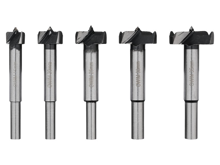 Set of five Forstner drill bits sized 15, 20, 25, 30, and 35 mm.