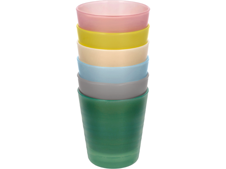 Stack of colorful plastic cups in pink, yellow, beige, blue, grey, and green.