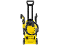 Yellow pressure washer with handle, hose, and accessories.