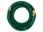 Green garden hose coiled in a circle, with brass fittings at the ends.