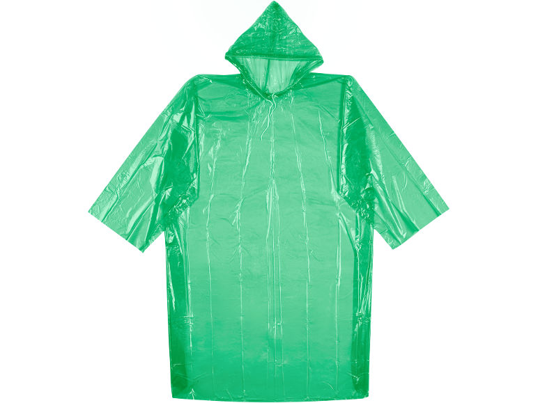 Green plastic rain poncho with a hood