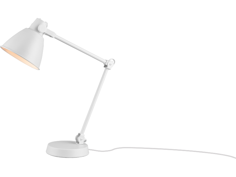 White desk lamp with an adjustable arm and an illuminated bulb.