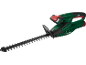 Green and black electric hedge trimmer with long blades and ergonomic handle.