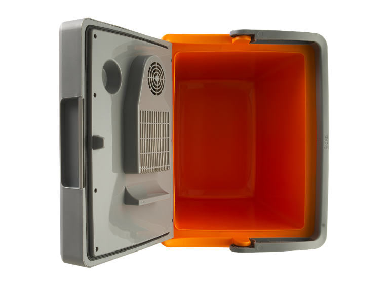 Open portable cooler with an orange interior and gray details.
