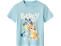 Light blue children's T-shirt with a print of two hugging dogs and the word 'BLUEY'.