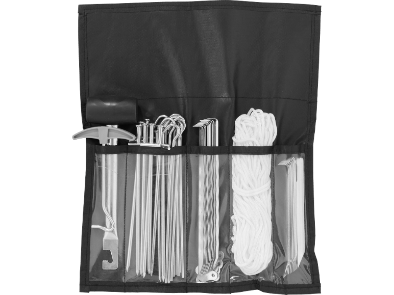 Camping kit with hammer, tent pegs, ropes, and tensioners in a black organizer bag.