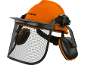 Orange safety helmet with mesh visor and ear defenders.
