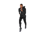Man running in black jacket, sweatpants, and athletic shoes.