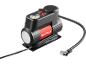 Black and red portable air compressor with pressure gauge, switches, and hose.